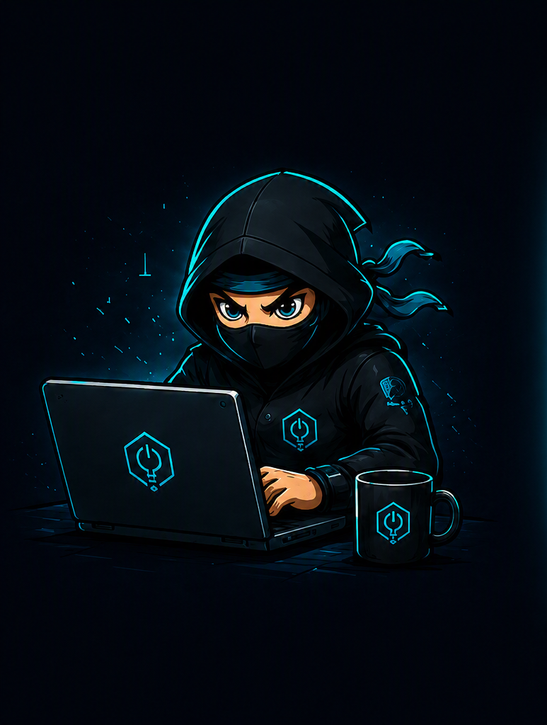 Master Ninja — maskota SmartKlik agencije radi na laptopu, simbol custom razvoja softvera